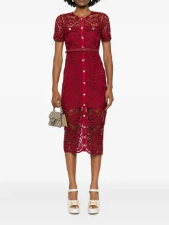 SELF-PORTRAIT Abiti<ABITO MIDI FLORAL GUIPURE LACE BUTTON Rosso