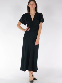 VICTORIA BECKHAM Abiti<ABITO MIDI GATHERED V-NECK Nero