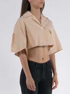 PALM ANGELS Camicie<CAMICIA CROPPED BOWLING SHIRT S/S Beige, Bianco