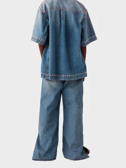 STELLA MCCARTNEY Jeans<JEANS BOOTCUT IN DENIM CON BORCHIE METALLICHE Azzurro