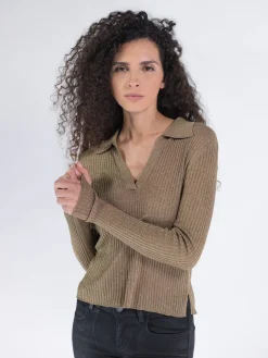 JONATHAN SIMKHAI Polo<POLO TAMMY METALLIC RIB L/S Marrone