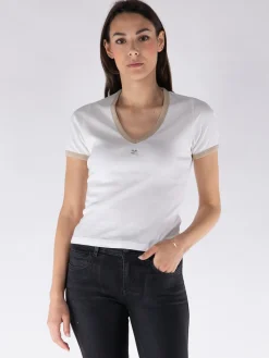 COURREGES T-Shirt<T-SHIRT CONTRAST V NECK Beige, Bianco
