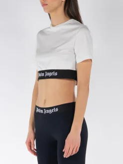 PALM ANGELS T-Shirt<T-SHIRT CROP LOGO TAPE Bianco