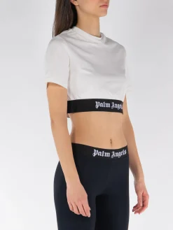 PALM ANGELS T-Shirt<T-SHIRT CROP LOGO TAPE Bianco