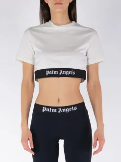 PALM ANGELS T-Shirt<T-SHIRT CROP LOGO TAPE Bianco