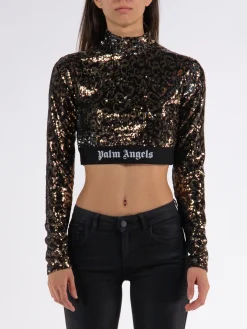 PALM ANGELS T-Shirt<T-SHIRT CROPPED LONGSLEEVE LOGO TAPE SEQUINS Marrone, Nero
