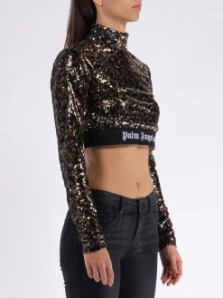 PALM ANGELS T-Shirt<T-SHIRT CROPPED LONGSLEEVE LOGO TAPE SEQUINS Marrone, Nero