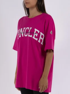 MONCLER T-Shirt<T-SHIRT LOGO CURVO Bianco, Fuxia